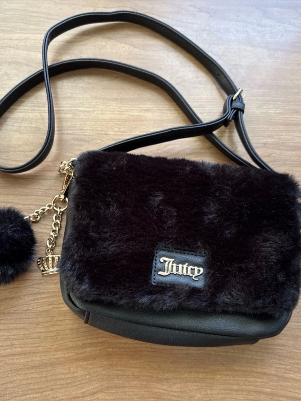 Juicy Couture Black Faux Fur & Leather Crossbody with Gold Charm